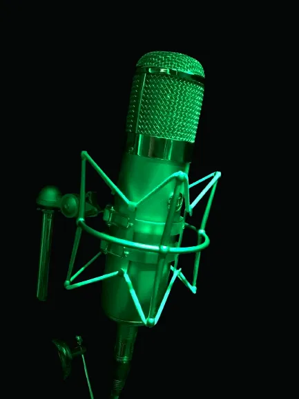 Studio condenser microphone lit in green