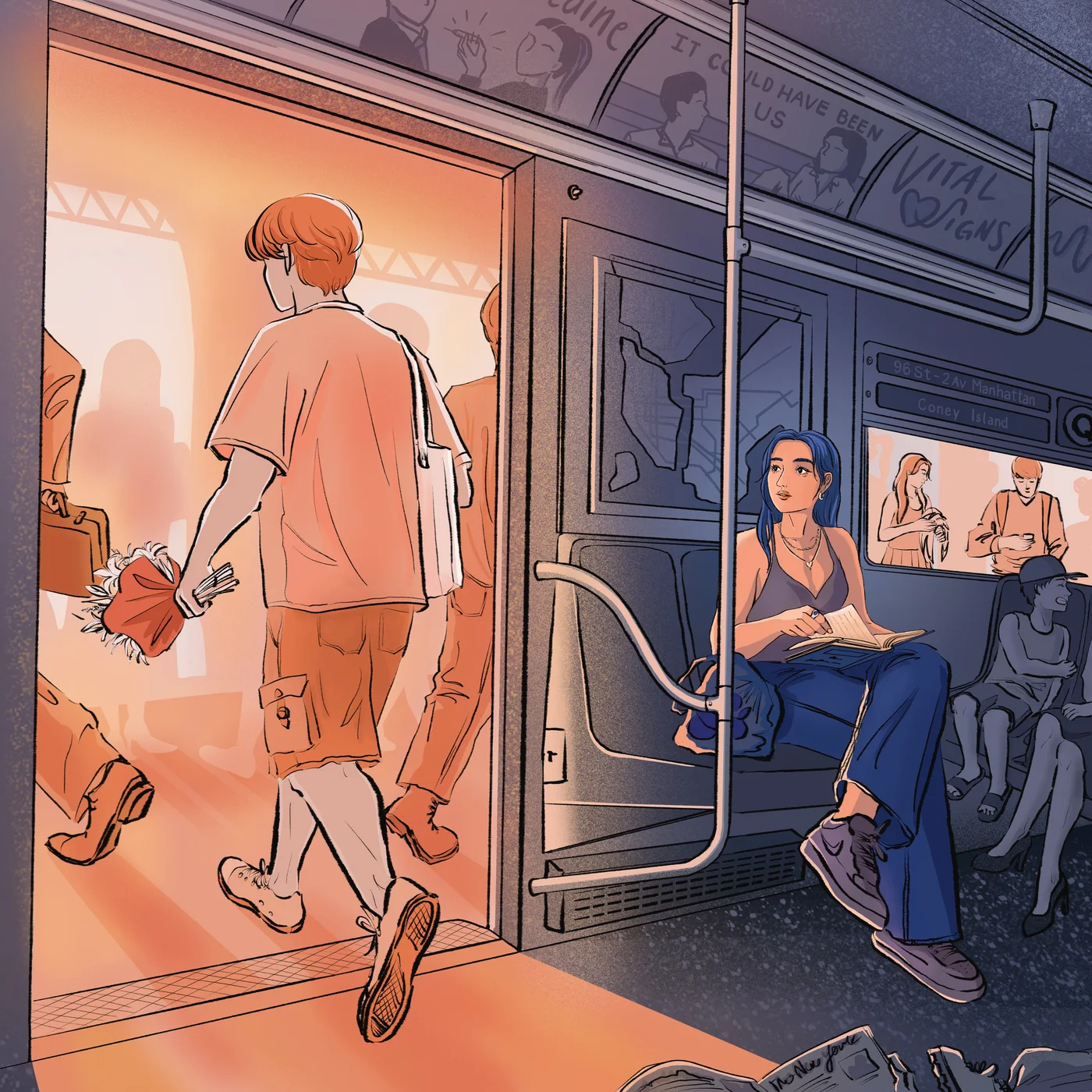 Editorial illustration of commuters on a subway at golden hour